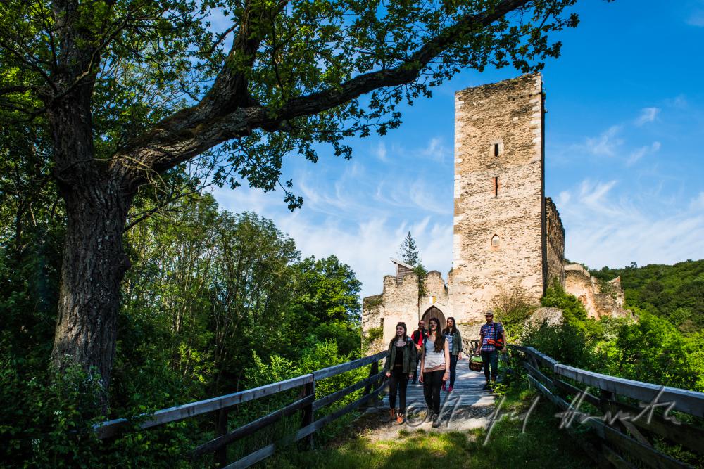 Burg Kaja und Wanderer auf der Holzbrücke