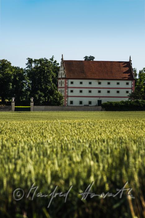 Getreidefeld und Schüttkasten mit Ortsansicht