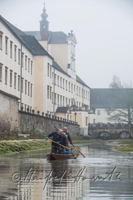 Fischer beim Forellenteich (Wassergraben) des Stiftes