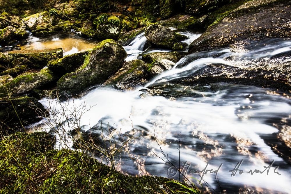Lohnbachfall und Granit-Findlinge im Wald